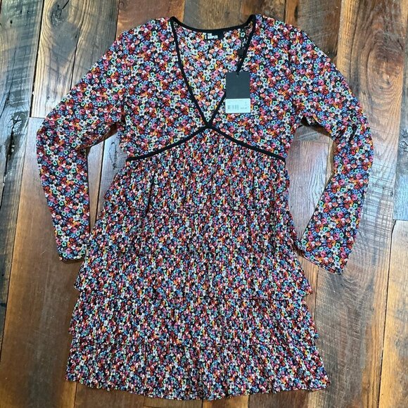 The Kooples Floral Tiered Ruffle Mini Dress US Size 6 Black Multicolor - Picture 9 of 10